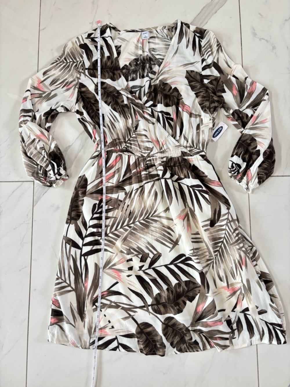 Old Navy White Tropical-Print Long Sleeve Wrap Dress with Brown and Pink Accents - Picture 14 of 16